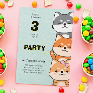Convites Festa de 3 Anos Aniversário Adorável Shiba Inu Trê