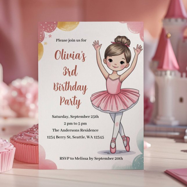 Convites Festa de 3 Anos da Bailarina de Crianças Fofas (Criador carregado)