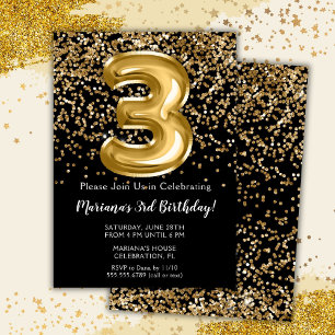 Convites Festa de 3 Anos da Menina Black Gold Kids