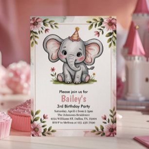 Convites Festa de 3 Anos de Elefante Rosa Fofo para Criança