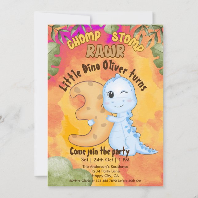 Convites Festa de 3 anos Dinosaur Stomp Chomp Rawr (Frente)