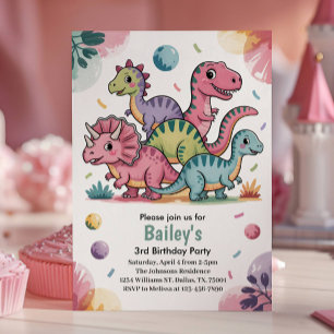 Convites Festa de 3 Anos do Dinossauro Rosa Fofo para Crian