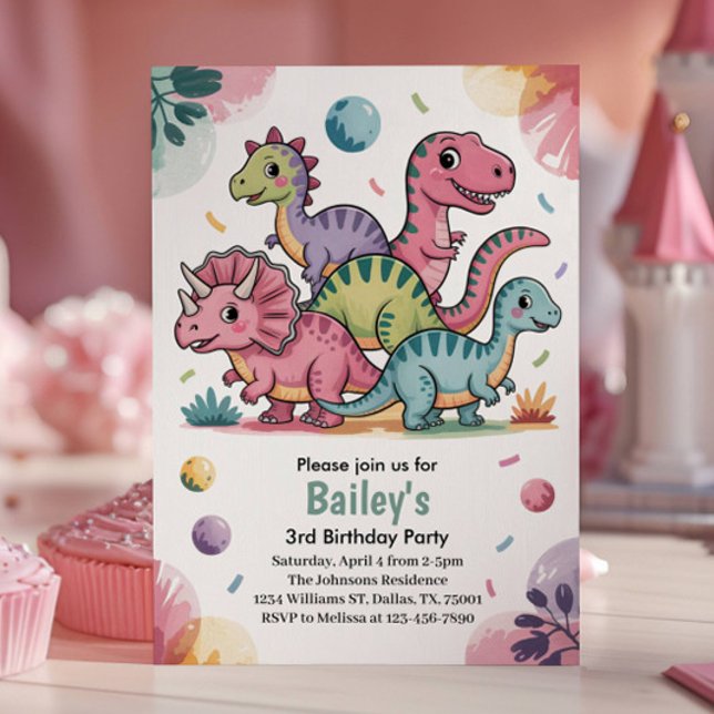 Convites Festa de 3 Anos do Dinossauro Rosa Fofo para Crian (Criador carregado)