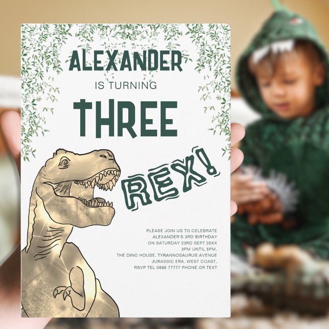 Convites Festa de 3 Anos do Dinossauro Três Rex (Three rex dinosaur 3rd birthday party personalized invitation with T-rex dino and Jurassic jungle )