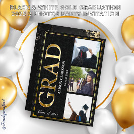 Convites Festa de 3 Fotografias Douradas em Preto e Branco
