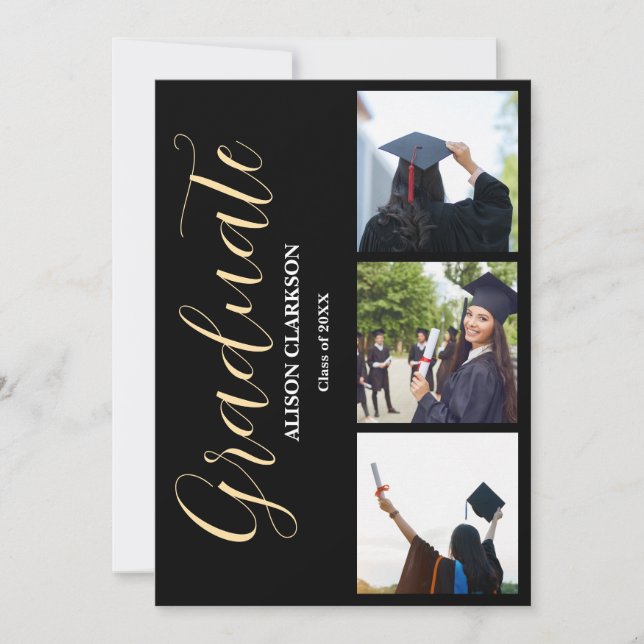 Convites Festa de 3 Fotografias Douradas em Preto e Branco  (Frente)