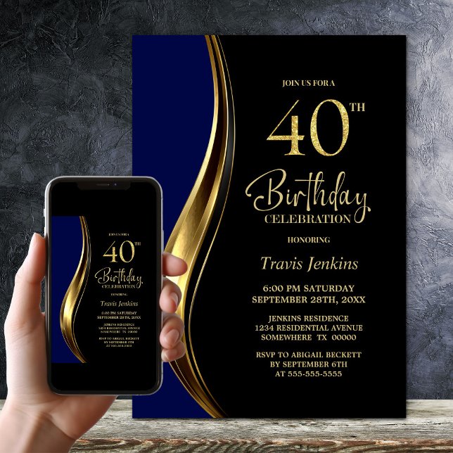Convites Festa de 40 Anos Black Gold Blue (Criador carregado)