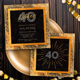 Convites Festa de 40 Anos Chic Glitter Preto e Dourado
