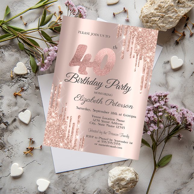 Convites Festa de 40 Anos com Brilho em Rose Gold (Criador carregado)
