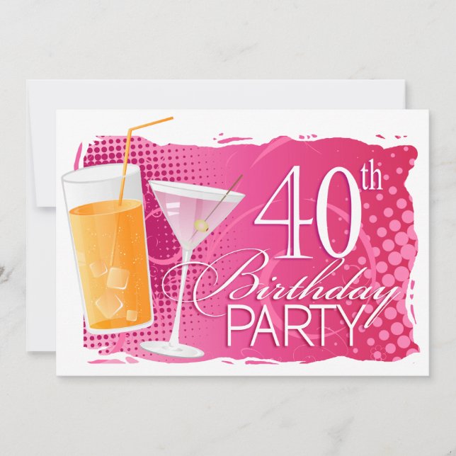 Convites Festa de 40 Anos com Coquetel Laranja e Rosa (Frente)