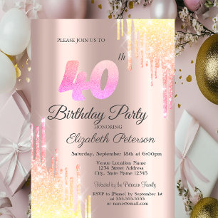 Convites Festa de 40 Anos com Efeito Ombre Brilho Drips em 