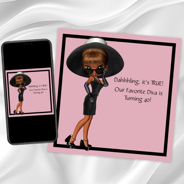 Convites Festa de 40 anos da Diva Mulher Negra Divertida Fa (Cute diva any birthday or event invitation. Instant download and printed invitations available.)