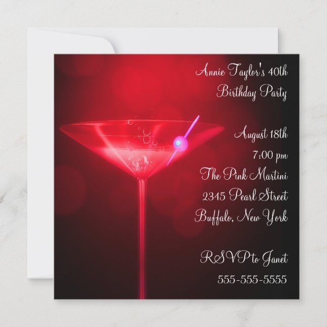 Convites Festa de 40 Anos da Mulher com Martini Vermelho (Frente)