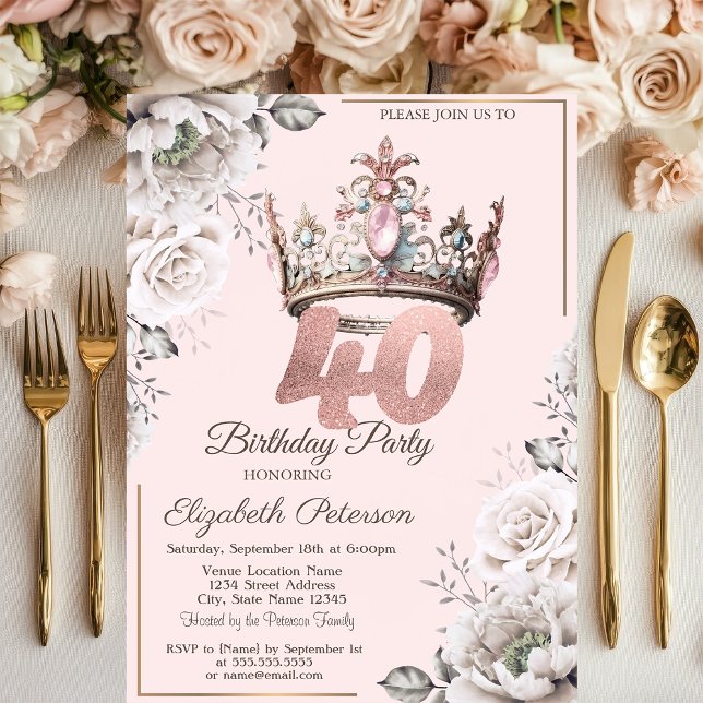 Convites Festa de 40 Anos da Princesa Coroa Floral (Criador carregado)