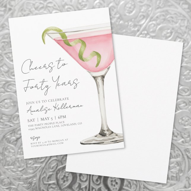 Convites Festa de 40 Anos de Pink Martini (Cheers To Forty 40th Birthday Party Invitation )