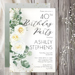 Convites Festa de 40 Anos Elegante Rosa Branca Eucalipto<br><div class="desc">Celebre um marco especial com este convite de aniversário de 40 anos elegante,  apresentando rosas brancas românticas e folhagens de eucalipto suaves. Este sofisticado design floral combina um estilo botânico atemporal com tipografia moderna,  criando um convite lindo para uma celebração de aniversário elegante.</div>