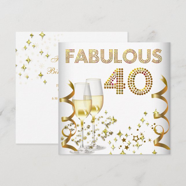 Convites Festa de 40 Anos Fabulosa com Champanhe Dourado (Frente/Verso)