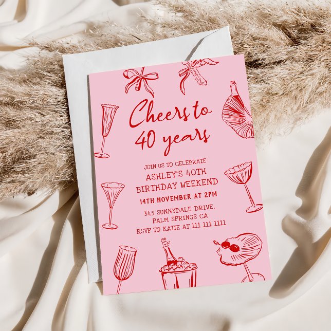 Convites Festa de 40 Anos Funky Desenhada à Mão Rosa (Criador carregado)