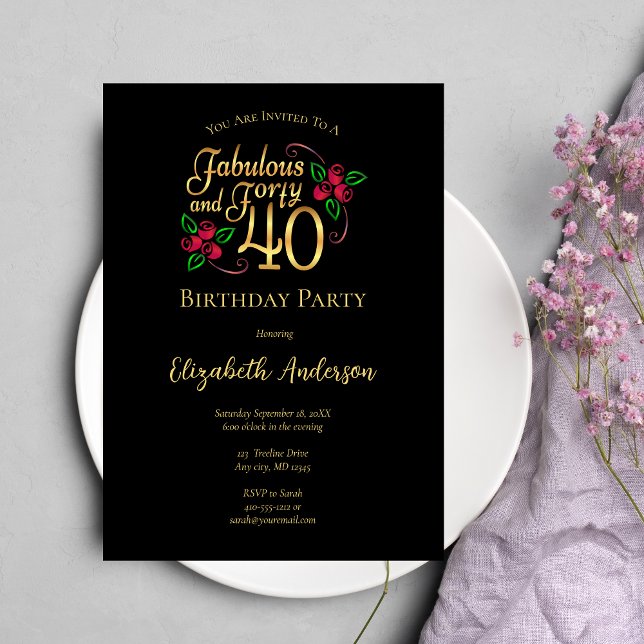 Convites Festa de 40 Anos Preto e Dourado com Rosas (Criador carregado)