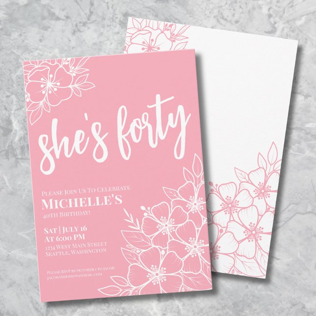 Convites Festa de 40 Anos Rosa (Floral Pink 40th Birthday Party Invitation)