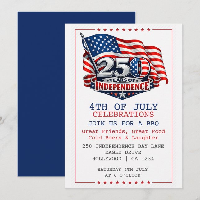 Convites Festa de 4 de Julho - 250 Anos de Independência (Frente/Verso)