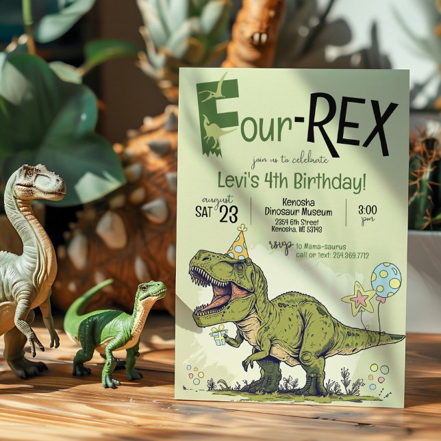 Convites Festa de 4-REX Engraçado Dinossauro Bonito 4º Aniv (Cute Cartoon T-Rex Dinosaur wearing a birthday hat, Four-Rex 4th birthday party invitation, green)