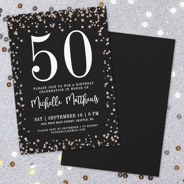 Convites Festa de 50º Aniversário Black Gold Glitter (Black Gold Glitter 50th Birthday Party Invitation)