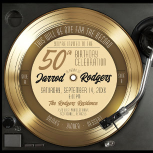 Convites Festa de 50º Aniversário Disco de Vinil Dourado Pr