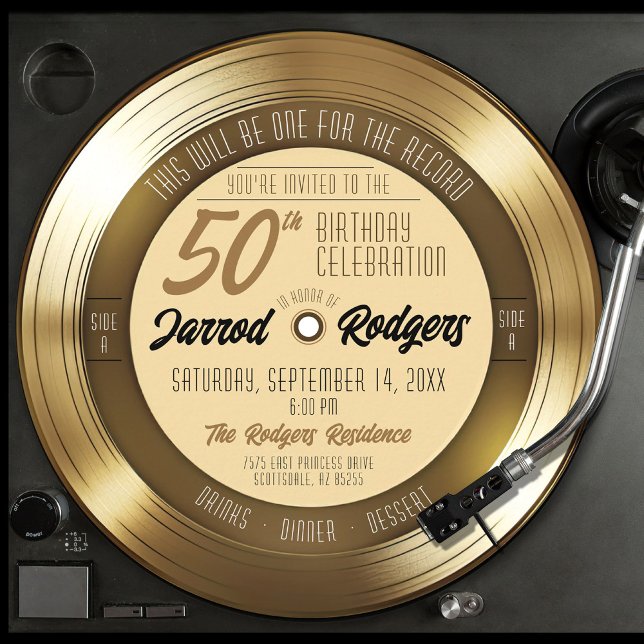 Convites Festa de 50º Aniversário Disco de Vinil Dourado Pr (round circle shape retro solid gold vinyl record 50th birthday party invitation gold and black theme)