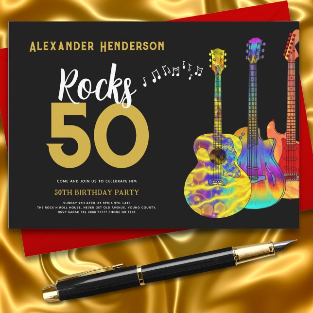 Convites Festa de 50º aniversário do Rock and Roll (Rock and roll guitar black and gold 50th birthday party invitation )