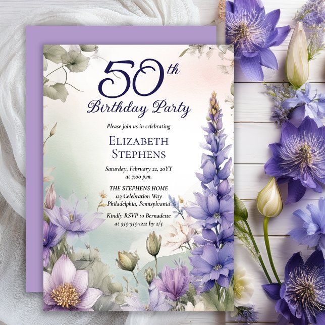 Convites Festa de 50º Aniversário Larkspur | Lírio de Água  (Elegant Boho Larkspur and Water Lilies Floral 50th Birthday Party Invitation - Print | Digital)