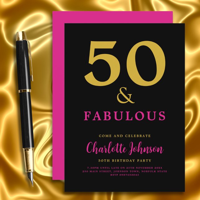 Convites Festa de 50º Aniversário Moderno e Elegante Rosa P (Stylish modern 50 and fabulous pink black and gold 50th birthday invitation)