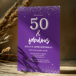 Convites Festa de 50 Aniversário Roxo Brilho Prata