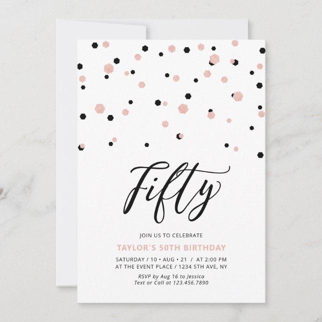 Convites Festa de 50 Anos Black & Rose Gold Simples (Frente)