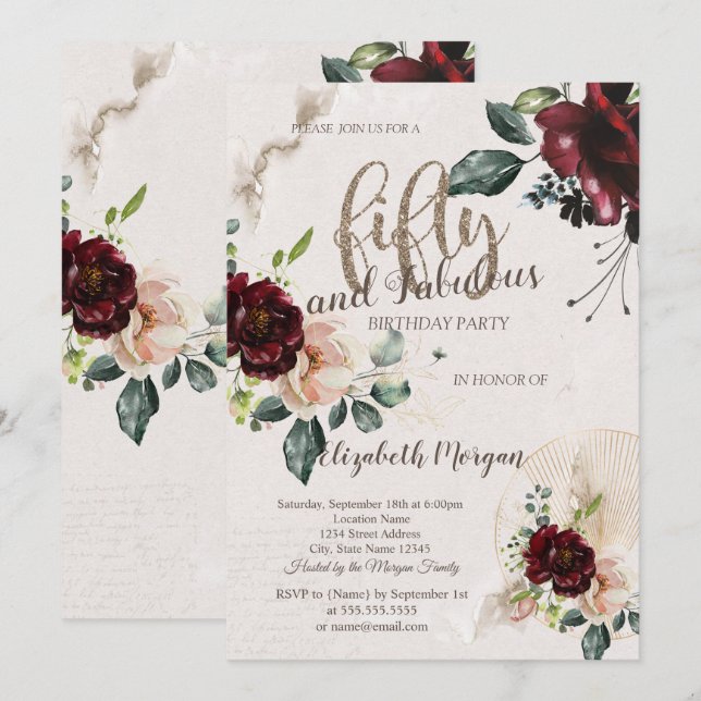 Convites Festa de 50 anos Boho Burgundy Flowers (Frente/Verso)