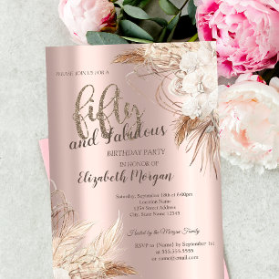 Convites Festa de 50 Anos Chic Boho Flores Dourado Rosa