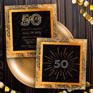 Convites Festa de 50 Anos Chic Glitter Preto e Dourado