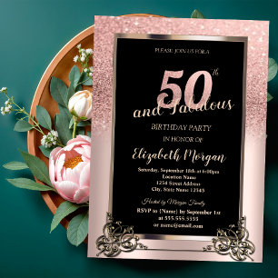 Convites Festa de 50 Anos Chic Rose Gold Glitter Ombre