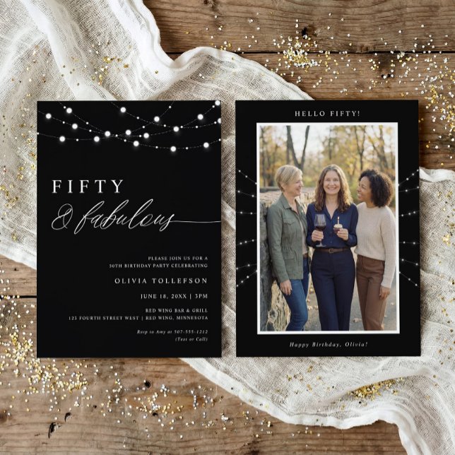 Convites Festa de 50 Anos Cinquenta e Fabulosa Moderna (Modern fifty fabulous 50th birthday invitation with white glitter accents and photo back design)