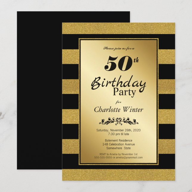 Convites Festa de 50 Anos com Listras Pretas e Douradas (Frente/Verso)