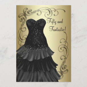 Convites Festa de 50 anos com vestido preto e dourado para