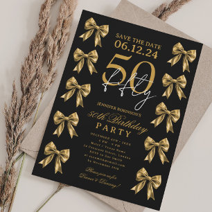 Convites Festa de 50 anos Coquette Bow Save Date em Dourado