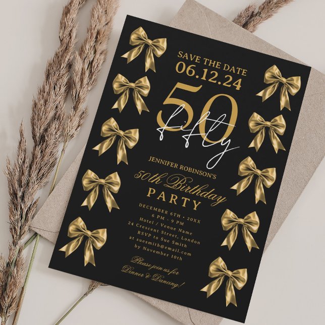 Convites Festa de 50 anos Coquette Bow Save Date em Dourado (Gold Coquette Bow Save Date 50th Birthday Party Invitation)