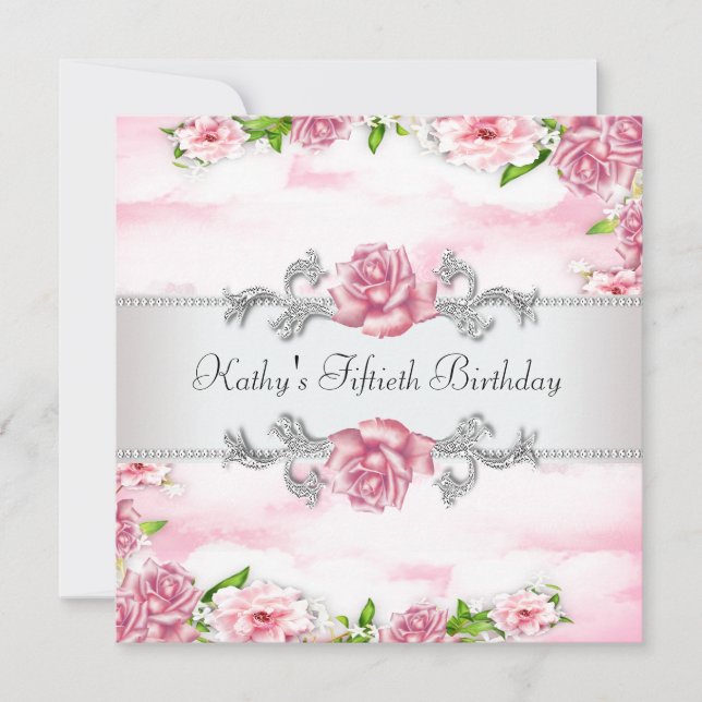 Convites Festa de 50 anos da mulher com rosa rosa (Frente)