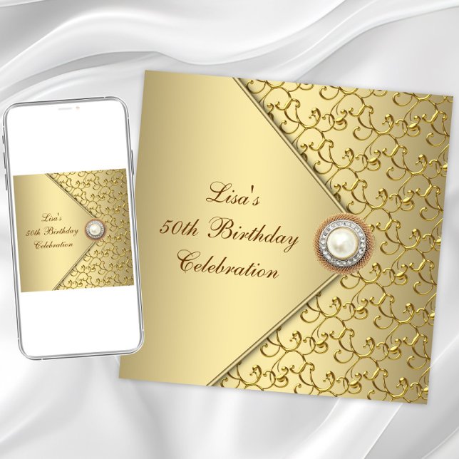 Convites Festa de 50 anos da Pérola Dourada Feminina (Elegant gold birthday and any event invitation. Instant download and printed invitations available.)