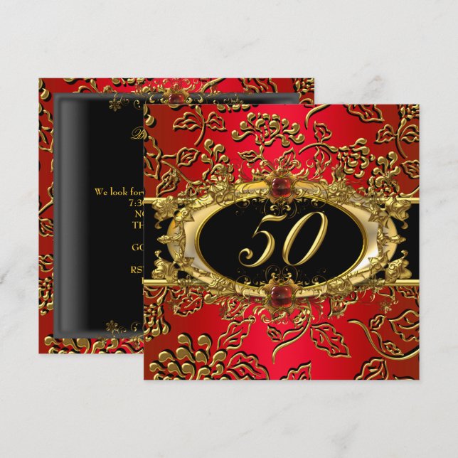 Convites Festa de 50 Anos Damask Vermelho Dourado Preto (Frente/Verso)