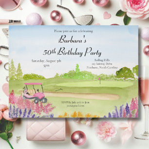 Convites Festa de 50 Anos de Idade Carrinho de Golfe Rosa C