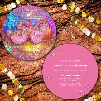 Convites Festa de 50 Anos de Idade Dourado Rosa Brilho Bola