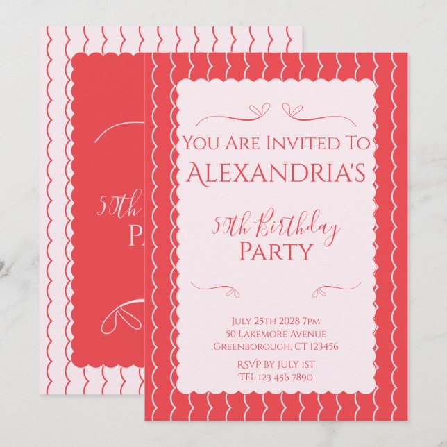 Convites Festa de 50 Anos de Idade - Linhas Onduladas Rosa  (Frente/Verso)
