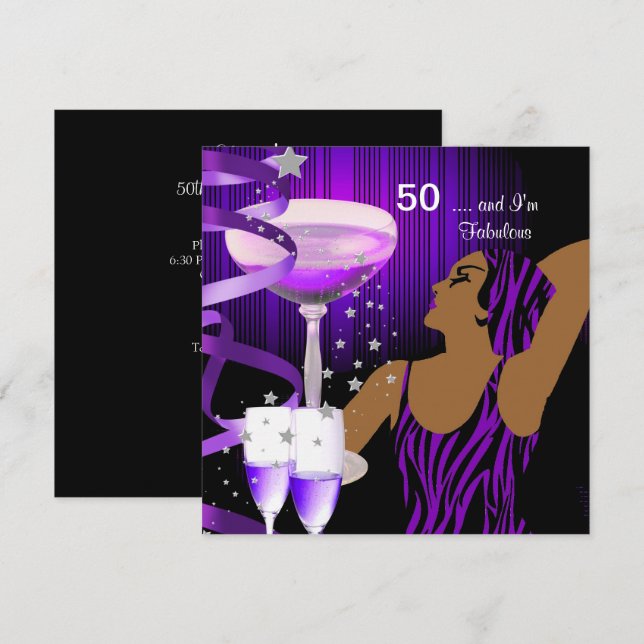 Convites Festa de 50 Anos de Idade Retro Diva Fabuloso Roxo (Frente/Verso)